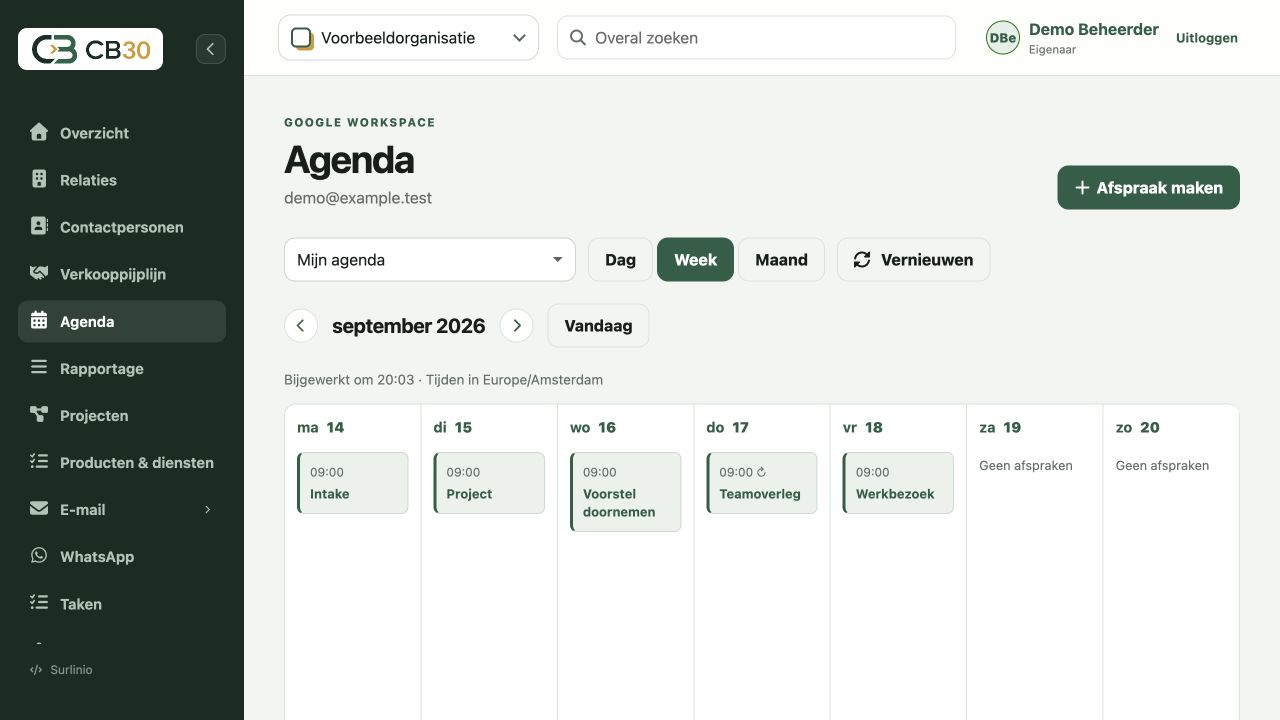 De Google-weekagenda in CB30, met uitsluitend fictieve afspraken en gebruikers